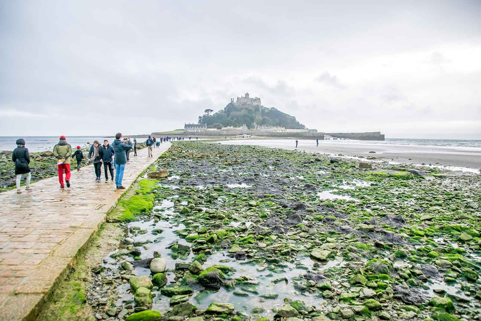 People walking along a stone causeway leading to an island with a castle on top. The tide is low, revealing green rocks and seaweed. The sky is overcast, adding a misty atmosphere to the scene.